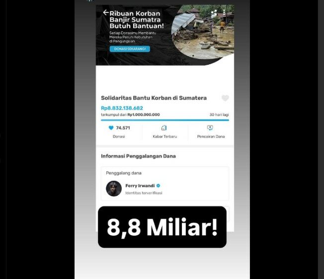  Ferry Irwandi Berhasil Kumpulkan Donasi Rp8,8 M untuk Warga Sumatera